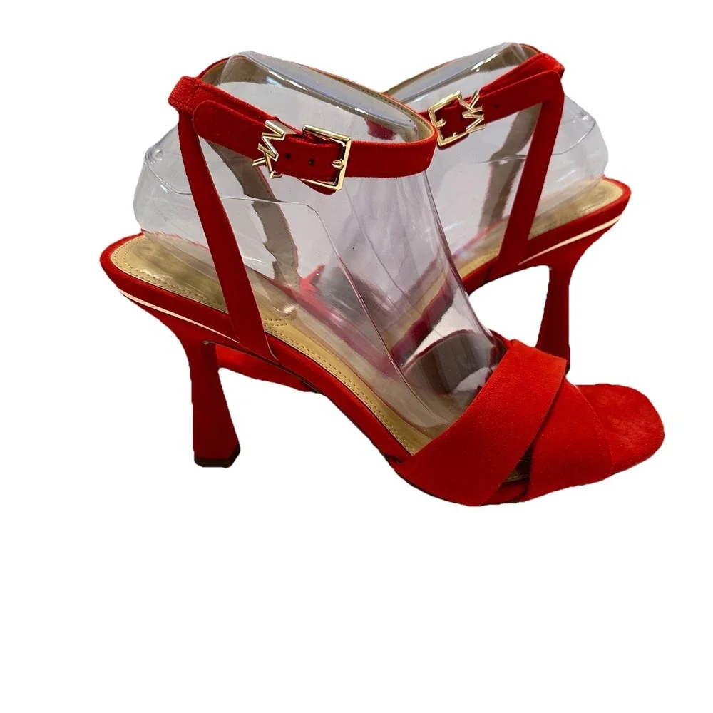 Michael Kors Cara Sandal Heels Suede Leather‎ Bright Red Women's Sz 9.5M Strappy